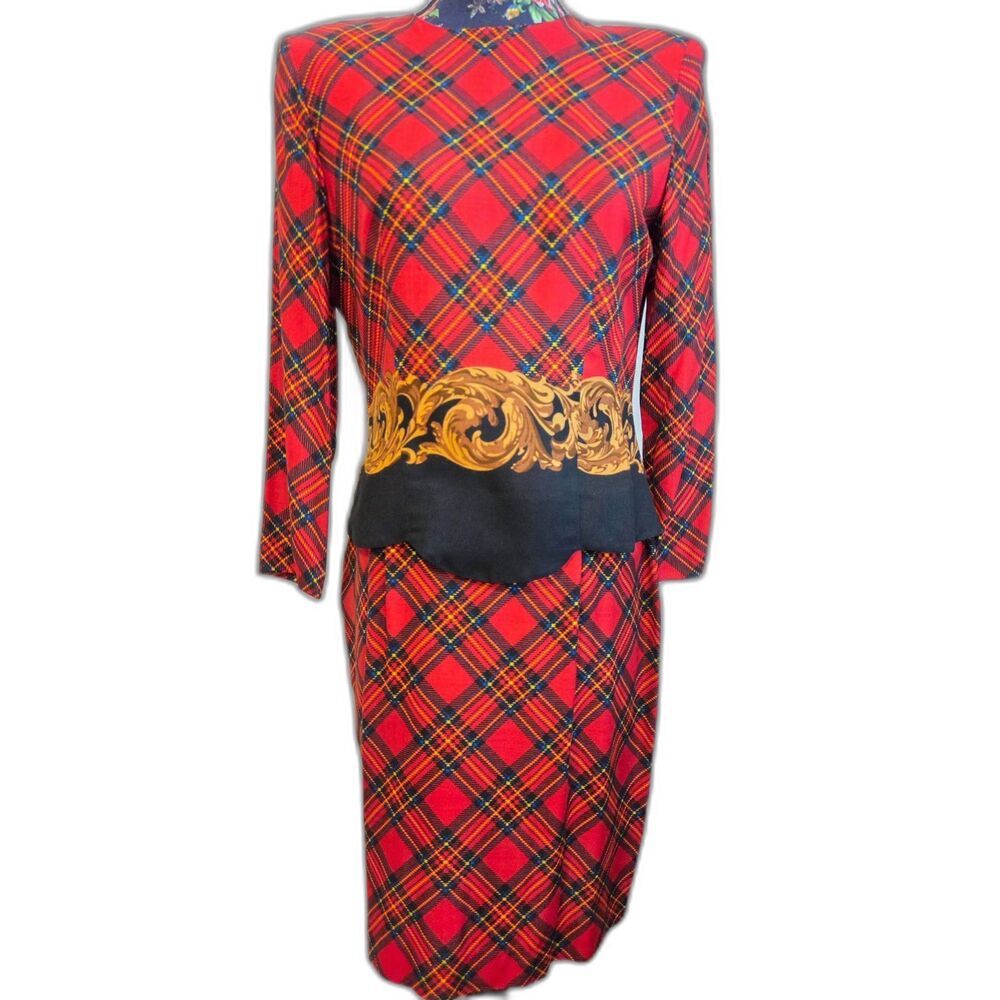Vintage 80s 90s Leslie Fay Tartan Plaid Midi Dress 10 Baroque Gold Chain Accent